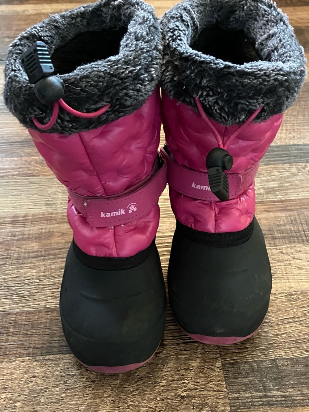 Kamik Pink and Black Quilted Snow Boots with Gray Faux-Fur Cuff